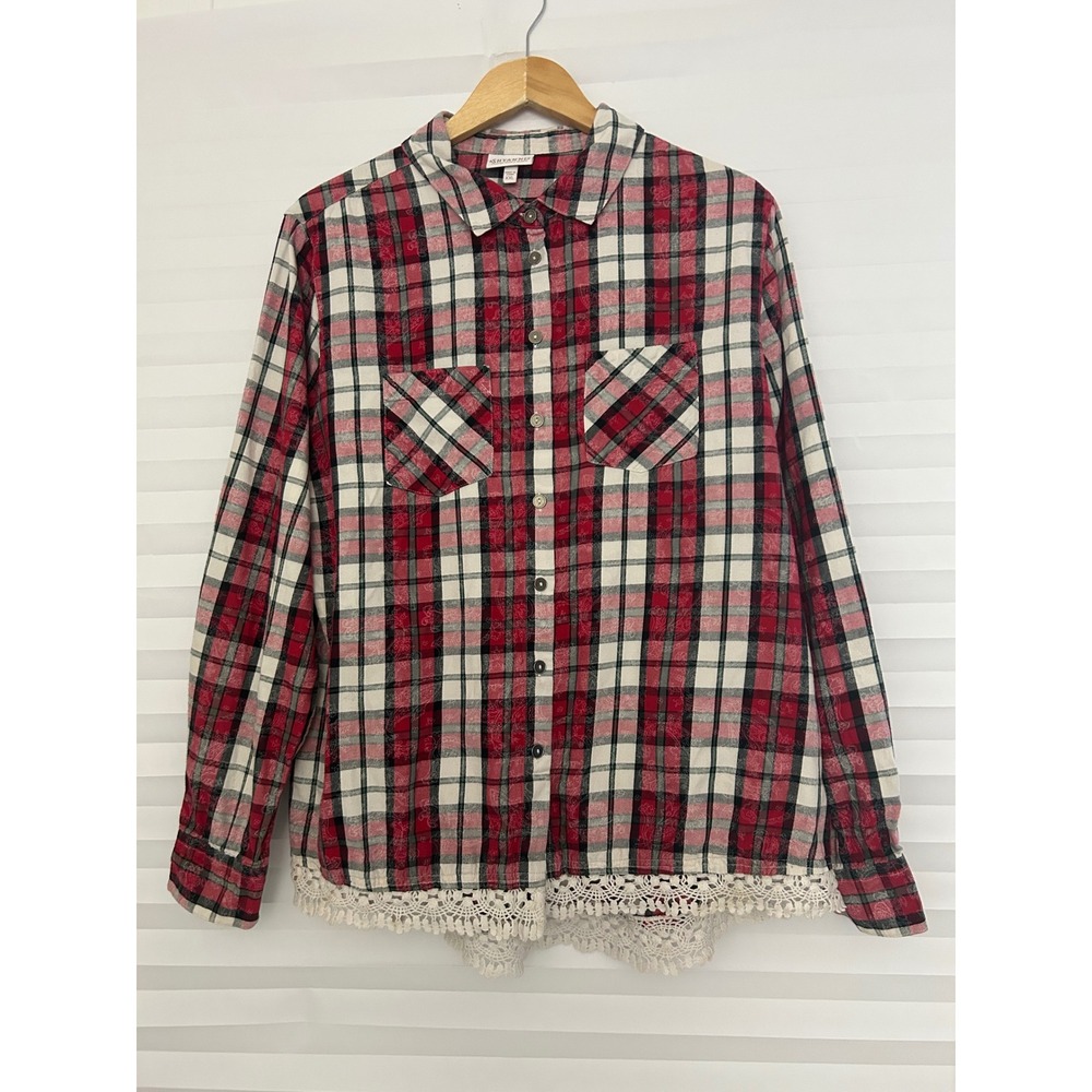 Shyanne Red Plaid Crochet Lace Trim Button Down Shirt XXL Cotton Western Boho